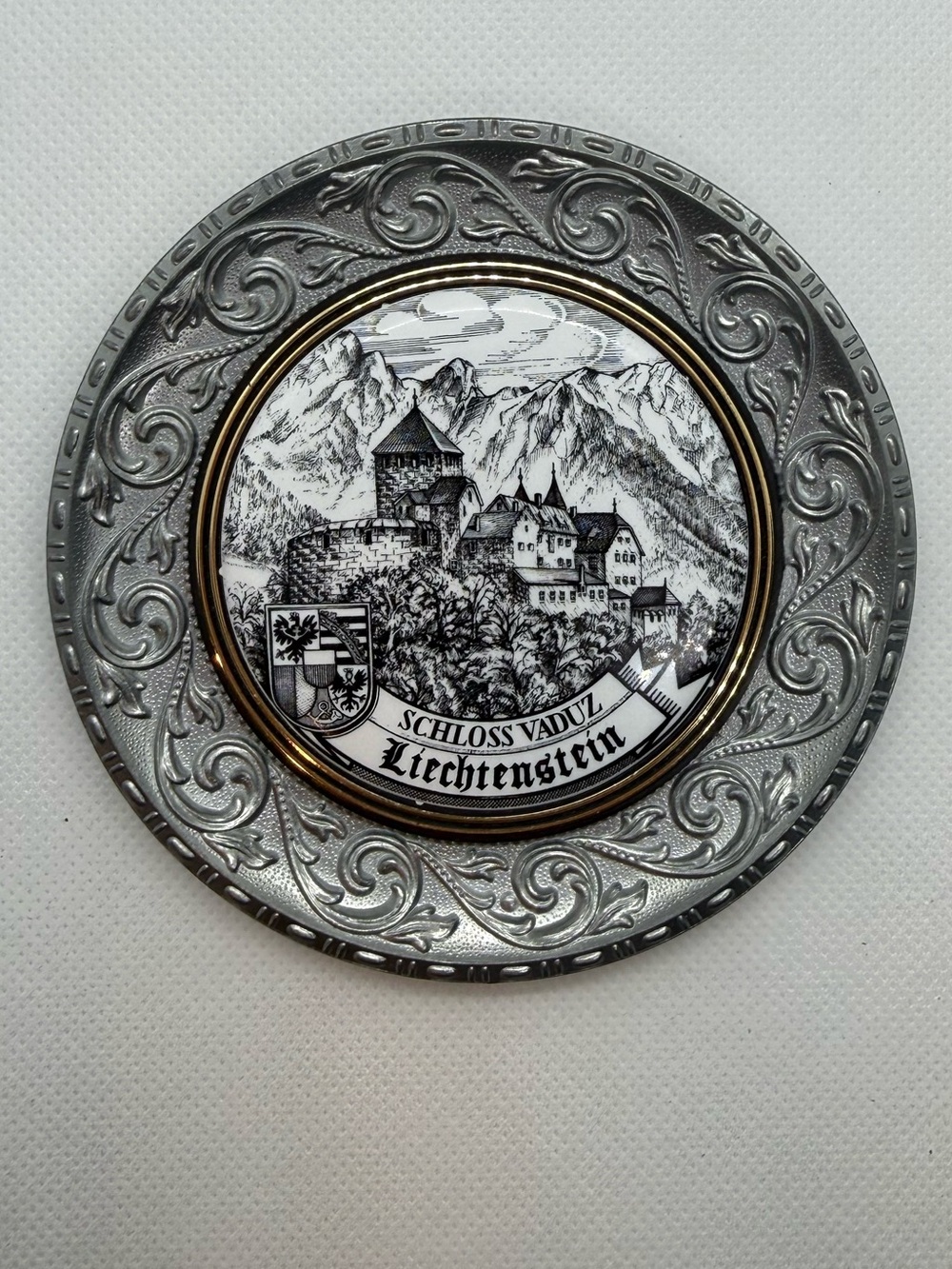 Schloss Vaduz Souvenir Decorative Plate - Silver and White